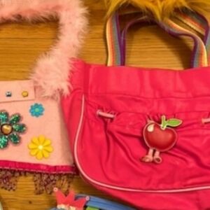 Hand Crafted Kids Red Pink Apple Rainbow handle Bag Purse Pocketbook Like New